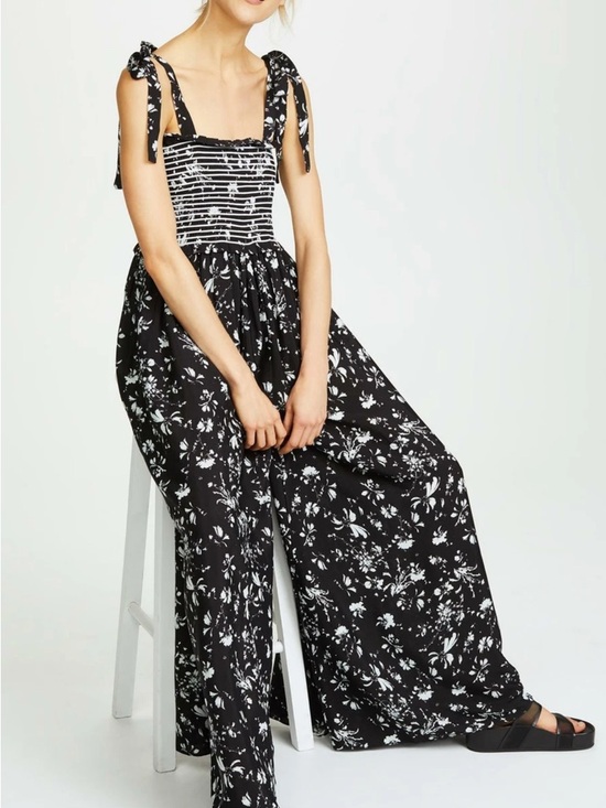 Free People Pants - Free People Black Floral Tie-Shoulder Wide-Leg Jumpsuit